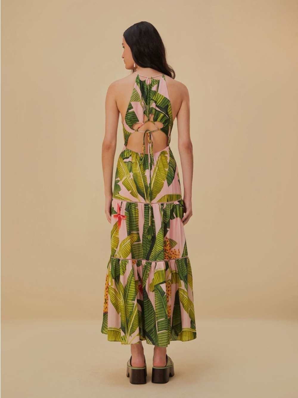 FARM Rio Tropical Pink Maxi Dress with Green Leaf Print Size Medium - Picture 11 of 16